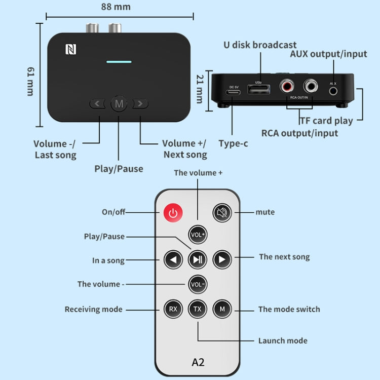 A2 NFC 5.1 Bluetooth U Disk/TF Card/AUX/RCA Receiving Transmitter, A2