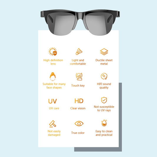 F08 Bluetooth sunglasses displaying sleek frame design and temple-mounted audio