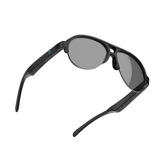 Side profile view of F07 smart sunglasses with embedded wireless headphone speakers
