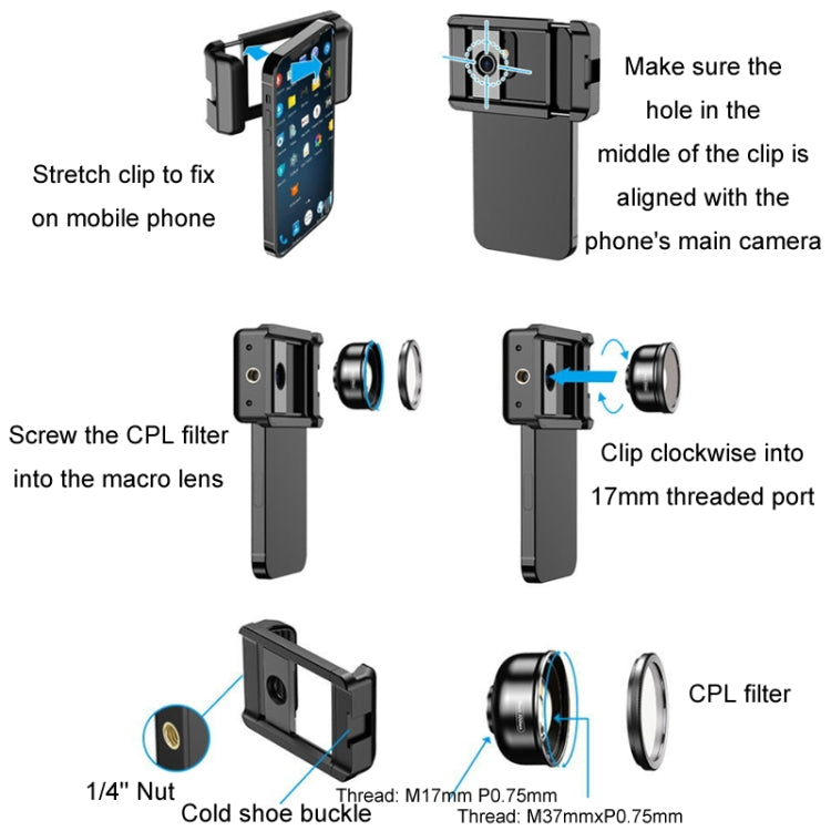 APEXEL CM-HB100CPL HB100mm HD External Macro Mobile Phone Lens with CPL, CM-HB100CPL