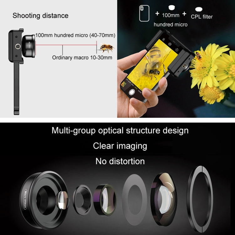 APEXEL CM-HB100CPL HB100mm HD External Macro Mobile Phone Lens with CPL, CM-HB100CPL