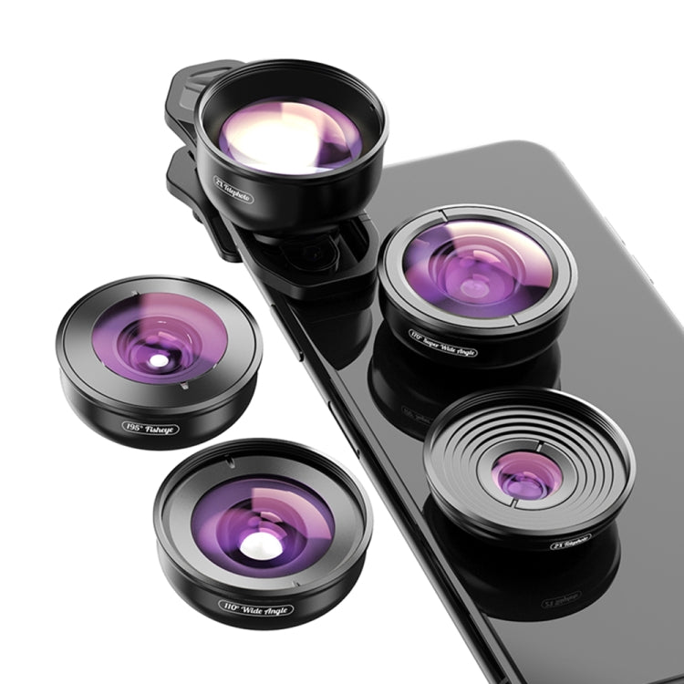 APEXEL APL-HB5 5 in 1 Wide Angle Macro Fisheye HD External Mobile Phone Lens, APL-HB5