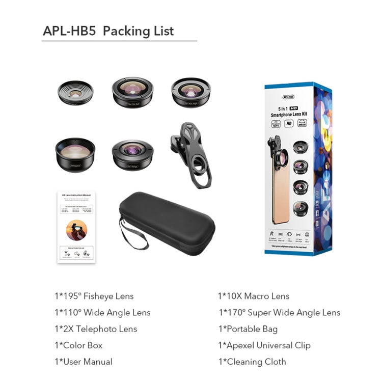 APEXEL APL-HB5 5 in 1 Wide Angle Macro Fisheye HD External Mobile Phone Lens, APL-HB5