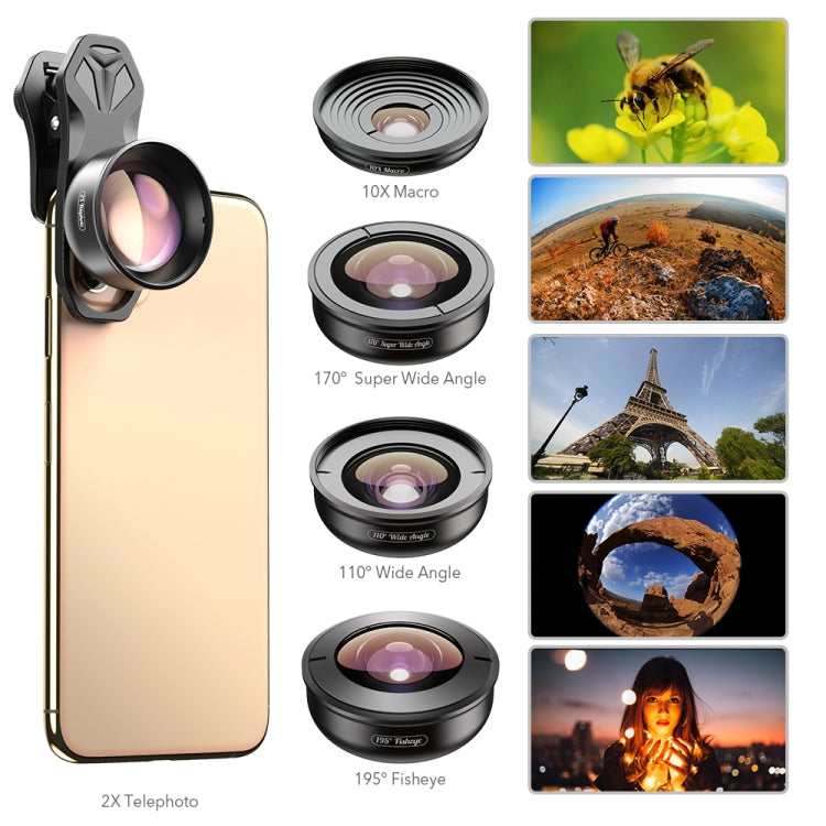 APEXEL APL-HB5 5 in 1 Wide Angle Macro Fisheye HD External Mobile Phone Lens, APL-HB5