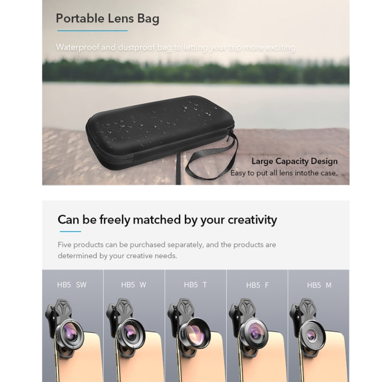 APEXEL APL-HB5 5 in 1 Wide Angle Macro Fisheye HD External Mobile Phone Lens, APL-HB5