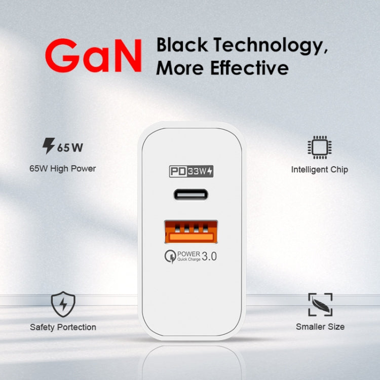 A502 65W USB-C/Type-C+USB Dual Port GaN Charger QC3.0 Laptop Universal Charger, EU Plug Black, EU Plug White, US Plug Black, US Plug White, UK Plug Black, UK Plug White