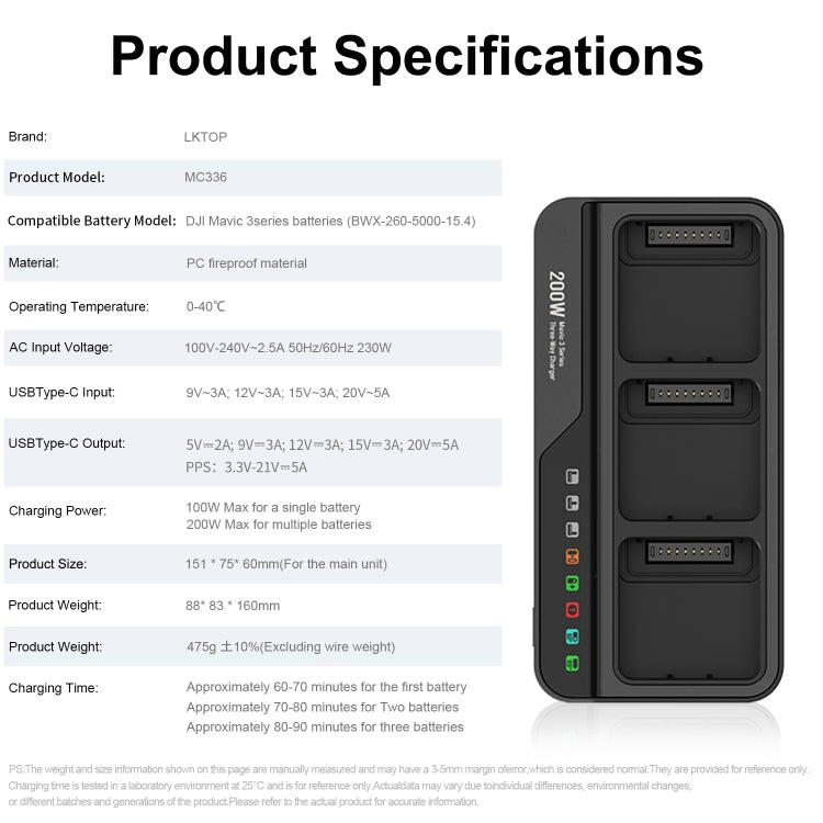 For DJI Mavic 3 Series LKTOP 200W 3-Channel Battery Charger, US Plug, EU Plug