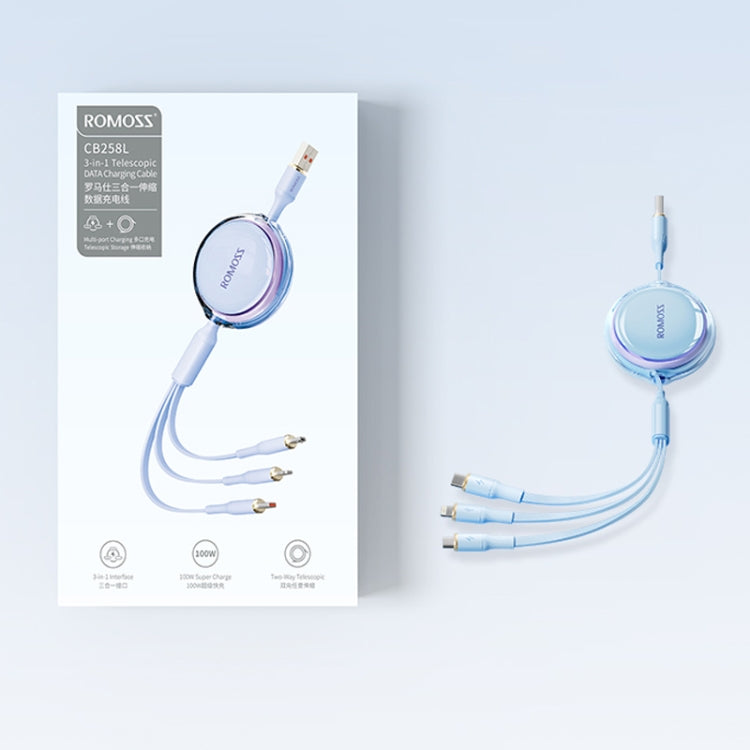 ROMOSS CB258L 6A 3-In-1 Telescopic Data Charging Cable USB-A To Type-C & 8 Pin & Micro Wire, 6A USB-A To Type-C & 8 Pin & Micro, 6A  USB-A To Type-C & 8 Pin & Micro