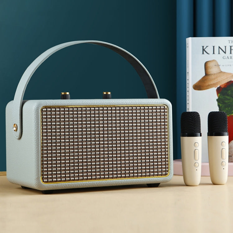 Leather Texture Portable Wooden Home Karaoke Bluetooth Speaker, Gray+Dual-microphone, Gray