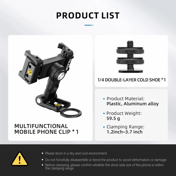 Telesin  Mobile Phone Clip 360 Degree Rotating Desktop Bracket With Cold Shoe Mount, Phone Clip