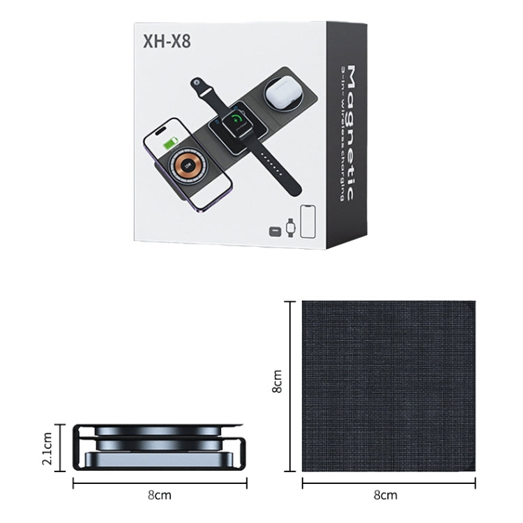 XH-X8 15W 3-in-1 MagSafe Foldable Mini Magnetic Mobile Phone Earphone Watch Wireless Charger, XH-X8