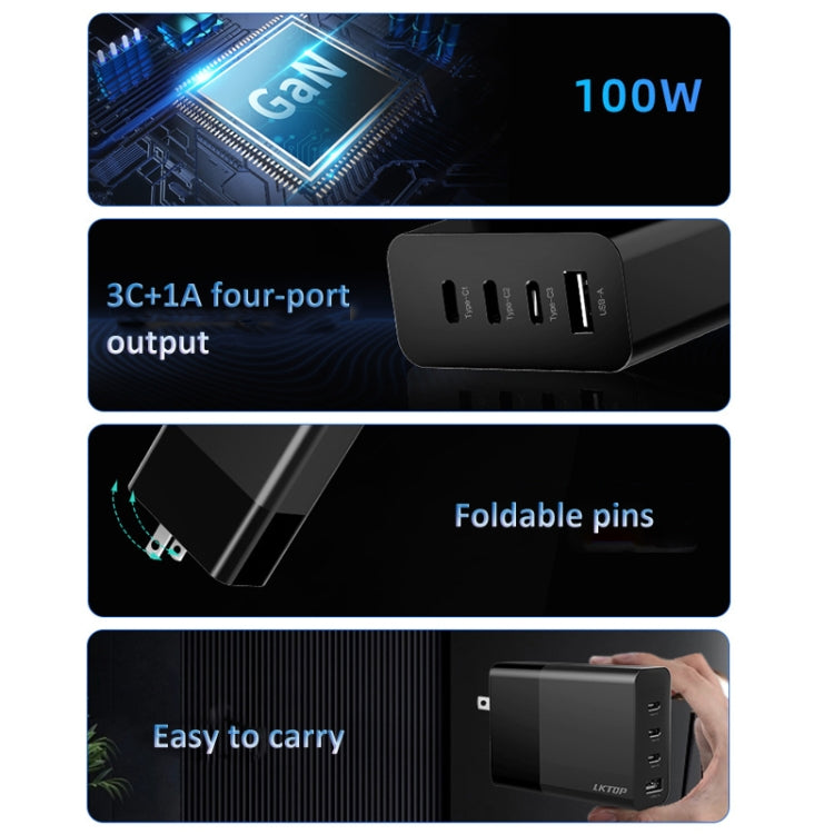 LKTOP 100W Gallium Nitride Fast Charger AC Adapter With 3 USB-C/Type-C+1 USB-A Port, US Plug
