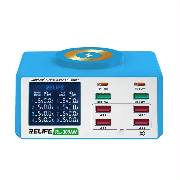 RELIFE RL-309AW  QC3.0 PD Fast Wireless Charger With LCD Display 8 Ports, RL-309AW  EU Plug, RL-309AW  US Plug