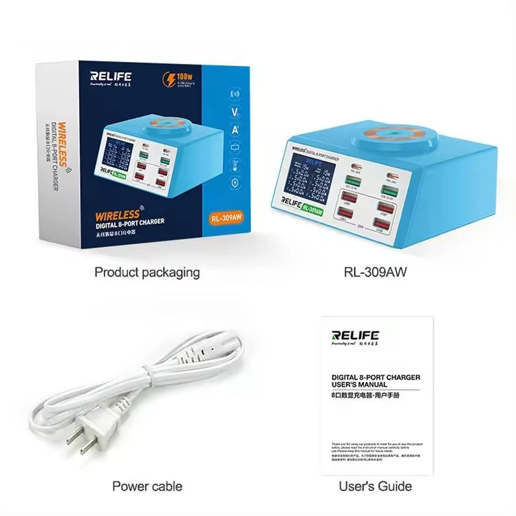 RELIFE RL-309AW  QC3.0 PD Fast Wireless Charger With LCD Display 8 Ports, RL-309AW  EU Plug, RL-309AW  US Plug