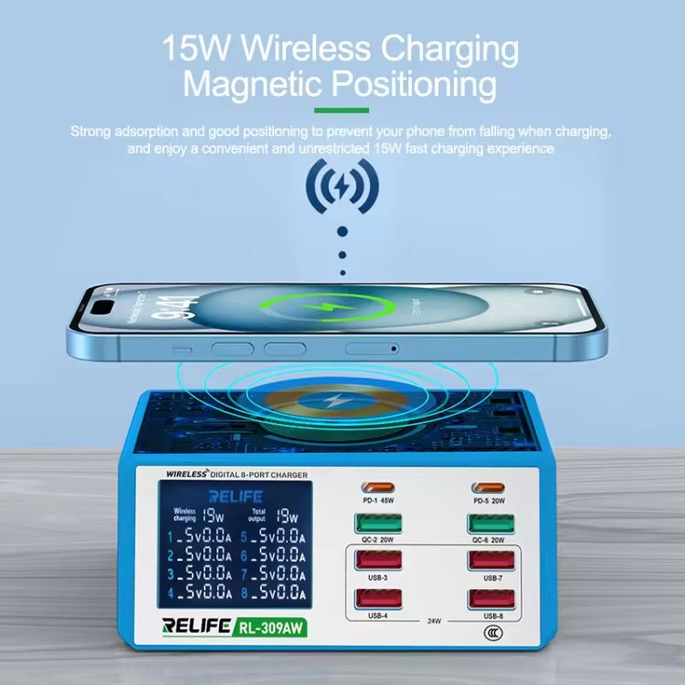 RELIFE RL-309AW  QC3.0 PD Fast Wireless Charger With LCD Display 8 Ports, RL-309AW  EU Plug, RL-309AW  US Plug