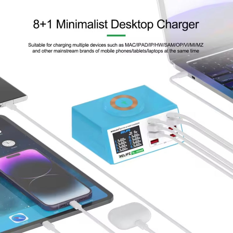 RELIFE RL-309AW  QC3.0 PD Fast Wireless Charger With LCD Display 8 Ports, RL-309AW  EU Plug, RL-309AW  US Plug