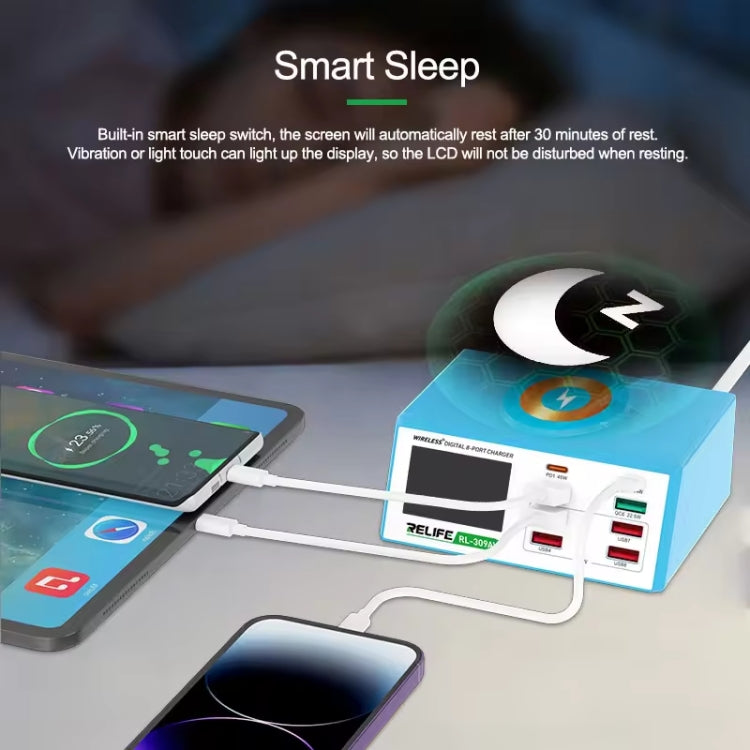 RELIFE RL-309AW  QC3.0 PD Fast Wireless Charger With LCD Display 8 Ports, RL-309AW  EU Plug, RL-309AW  US Plug