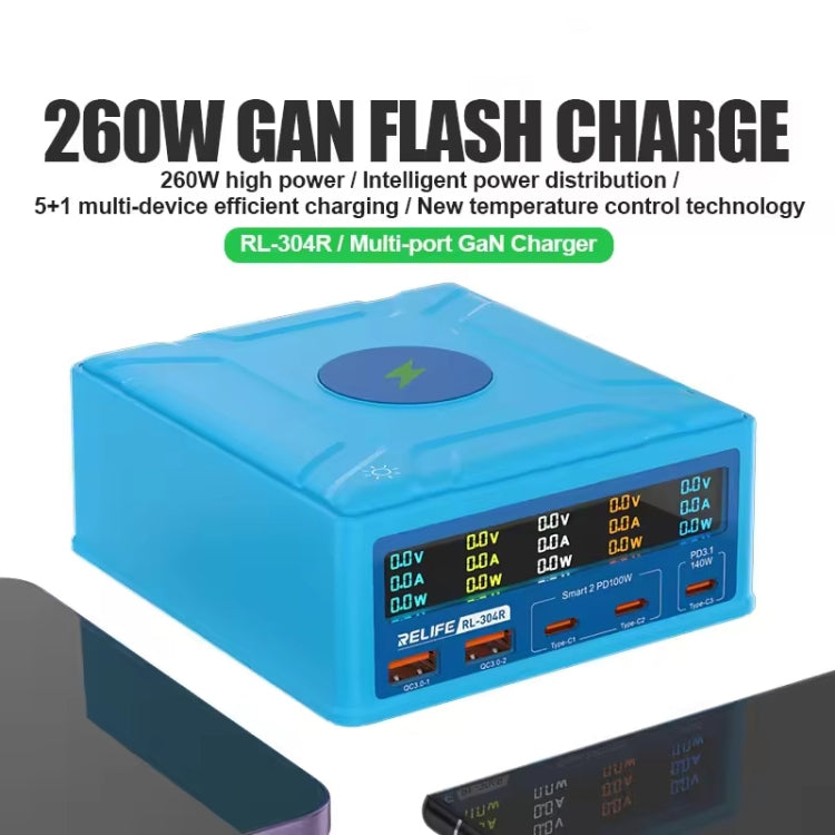 RELIFE RL-304R 5-Port 260W GaN Smart USB Fast Charger With 15W Wireless Chargind LCD Display, RL-304R  US Plug, RL-304R EU Plug