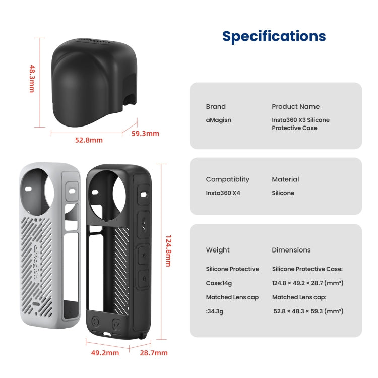 For Insta360 X4 AMagisn Silicone Protective Cover, Body Case + Lens Cover Black, Body Case + Lens Cover Gray, Body Case Black, Body Case Gray, Lens Cover Black, Lens Cover Gray