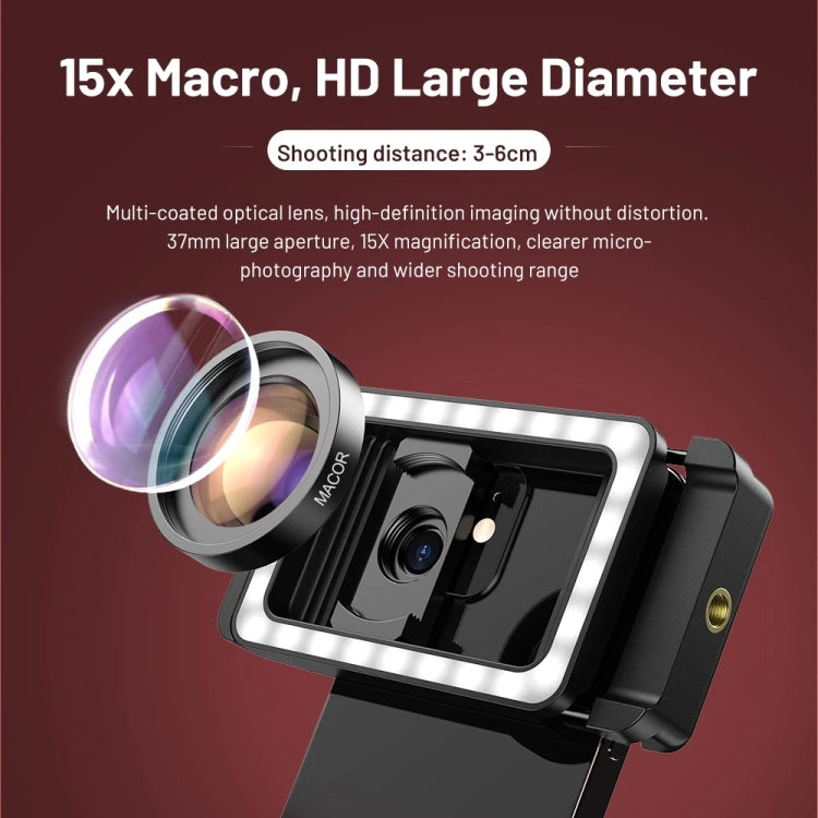 APEXEL 15X  Macro Lens With LED Fill Light Phone Holder Clamp, APL-FL23M15-Z