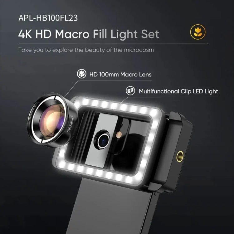 APEXEL 4K HD 100mm Macro Lens With LED Fill Light Set for Smartphones, APL-HB100FL23-Z