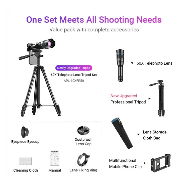 APEXEL 60X Smartphone Telescope Lens With Extendable Tripod Set, 60X
