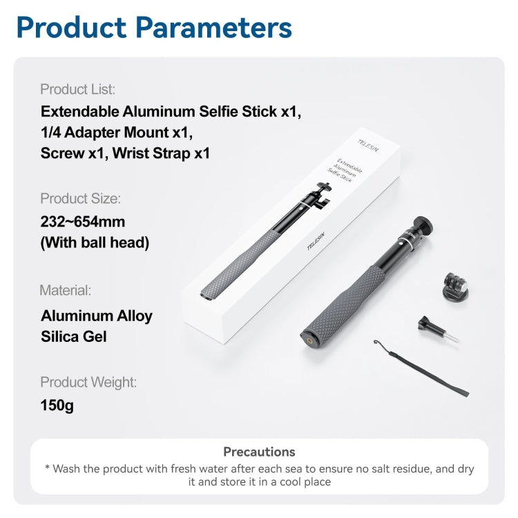 65.4cm Aluminum Alloy Waterproof Ball Head Selfie Stick Diving Shooting Sports Camera Extension Stick, TELESIN WSS-001