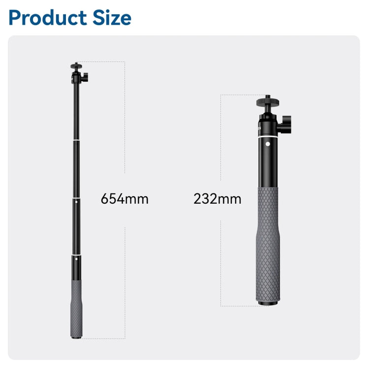 65.4cm Aluminum Alloy Waterproof Ball Head Selfie Stick Diving Shooting Sports Camera Extension Stick, TELESIN WSS-001
