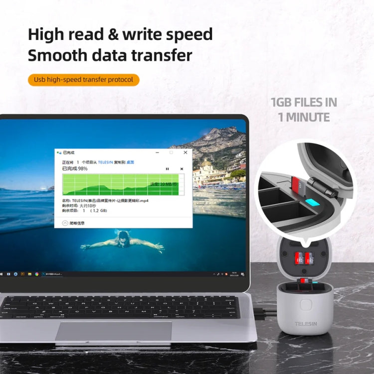TELESIN GP-BTR-904-GY Storage Battery Charging Box For GoPro HERO12 Black / HERO11 Black / HERO10 Black / HERO9 Black, GP-BTR-904-GY