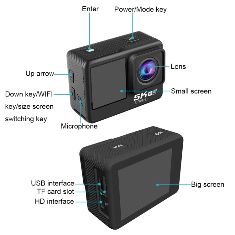 5K/30FPS WIFI HD Anti-Shake Remote Touch Dual-Screen IP68 Waterproof Sports Camera, Microphone Version