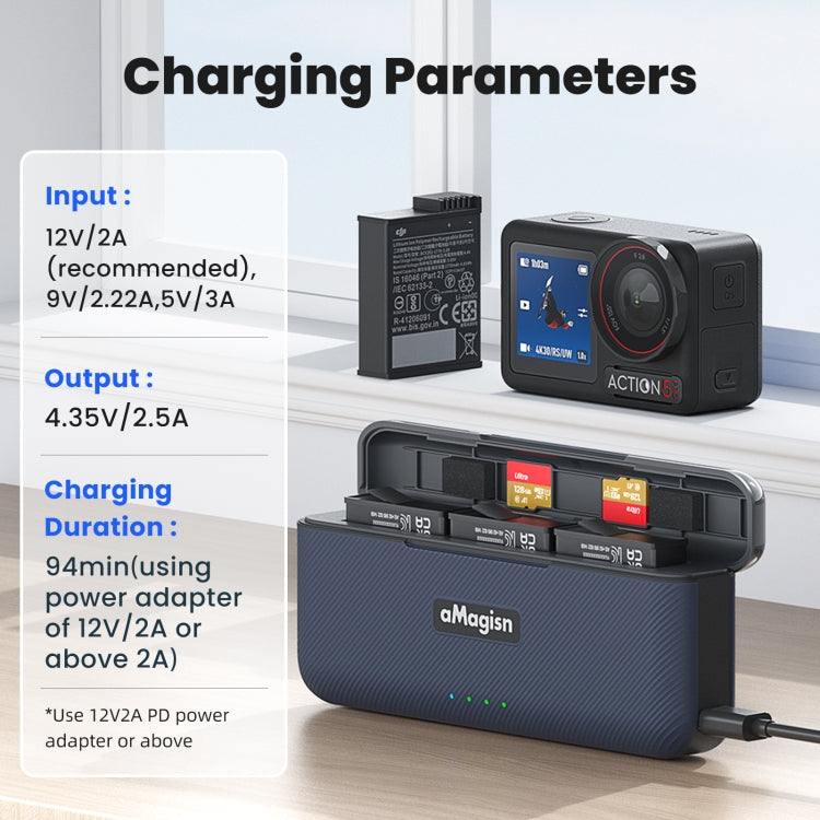 For DJI Action 5 Pro aMagisn Battery Charger Fast Charging Box Storage Compartment