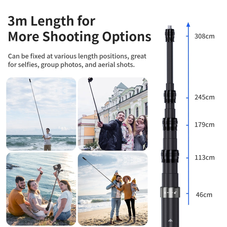 aMagisn 3m Carbon Fiber Invisible Selfie Stick Extension Rod For Action Camera