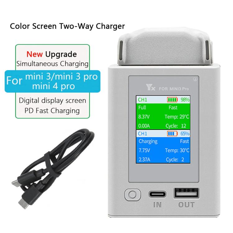 For DJI Mini 4 Pro / Mini 3 Pro / Mini 3 YX Color Screen Dual-way Charger Battery Manager, Without Plug, With 65W US Plug, With 65W EU Plug