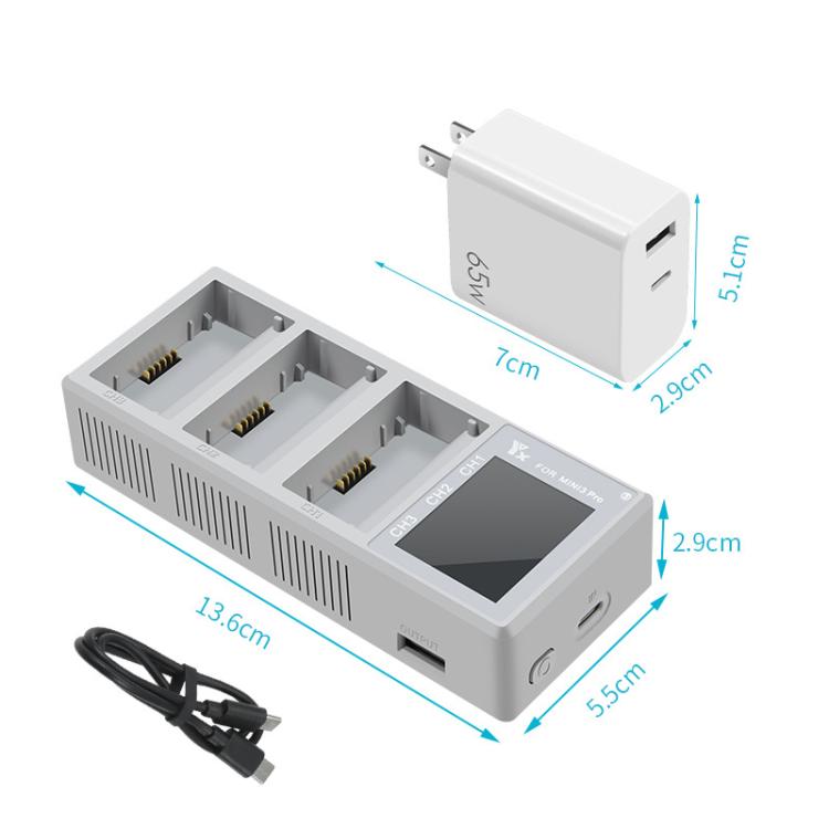 For DJI Mini 4 Pro / Mini 3 Pro / Mini 3 YX Color Screen 3-Way Charger Battery Manager, Without Plug, With 65W US Plug, With 65W EU Plug