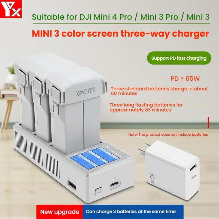 For DJI Mini 4 Pro / Mini 3 Pro / Mini 3 YX Color Screen 3-Way Charger Battery Manager, Without Plug, With 65W US Plug, With 65W EU Plug