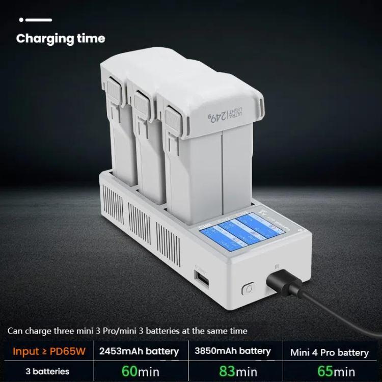 For DJI Mini 4 Pro / Mini 3 Pro / Mini 3 YX Color Screen 3-Way Charger Battery Manager, Without Plug, With 65W US Plug, With 65W EU Plug