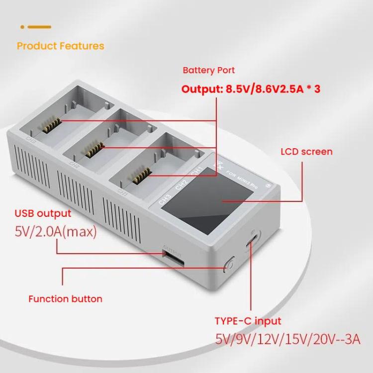 For DJI Mini 4 Pro / Mini 3 Pro / Mini 3 YX Color Screen 3-Way Charger Battery Manager, Without Plug, With 65W US Plug, With 65W EU Plug