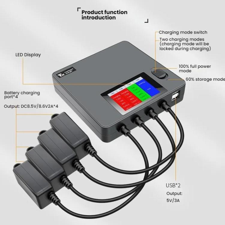 For DJI Mini 4 Pro / Mini 3 Pro / Mini 3 Color Screen Digital Display Four-Way Charger Battery Manager, US Plug, EU Plug, AU Plug, UK Plug