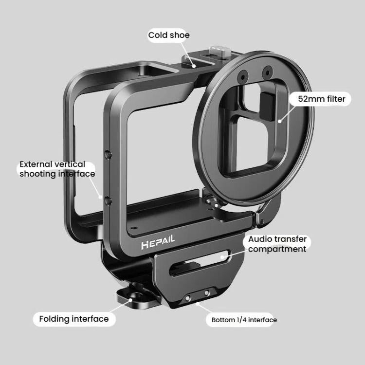 For GoPro HERO12 Black /11 Black /10 Black /9 Black HEPAIL C-G12 Metal Rabbit Cage With Dual Cold Shoe Connector