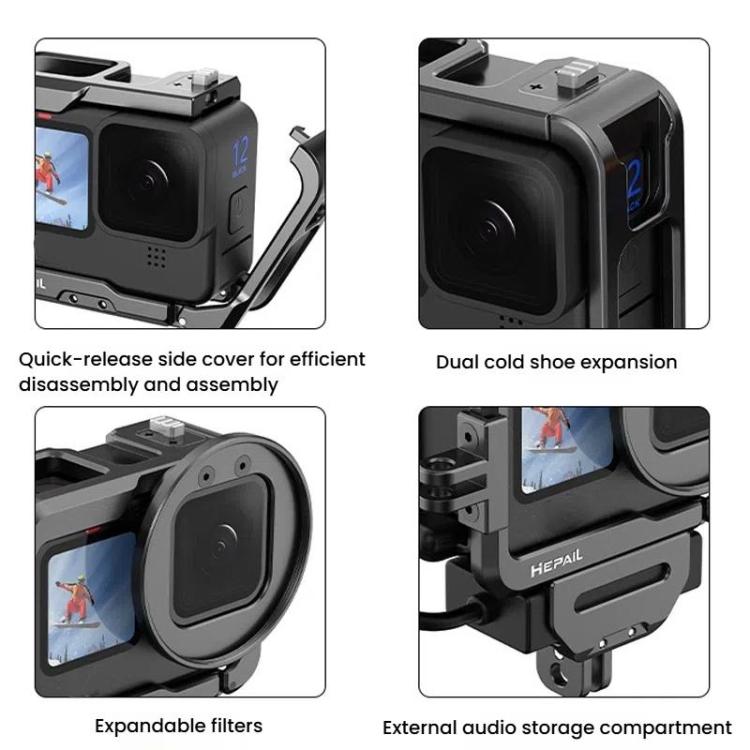 For GoPro HERO12 Black /11 Black /10 Black /9 Black HEPAIL C-G12 Metal Rabbit Cage With Dual Cold Shoe Connector