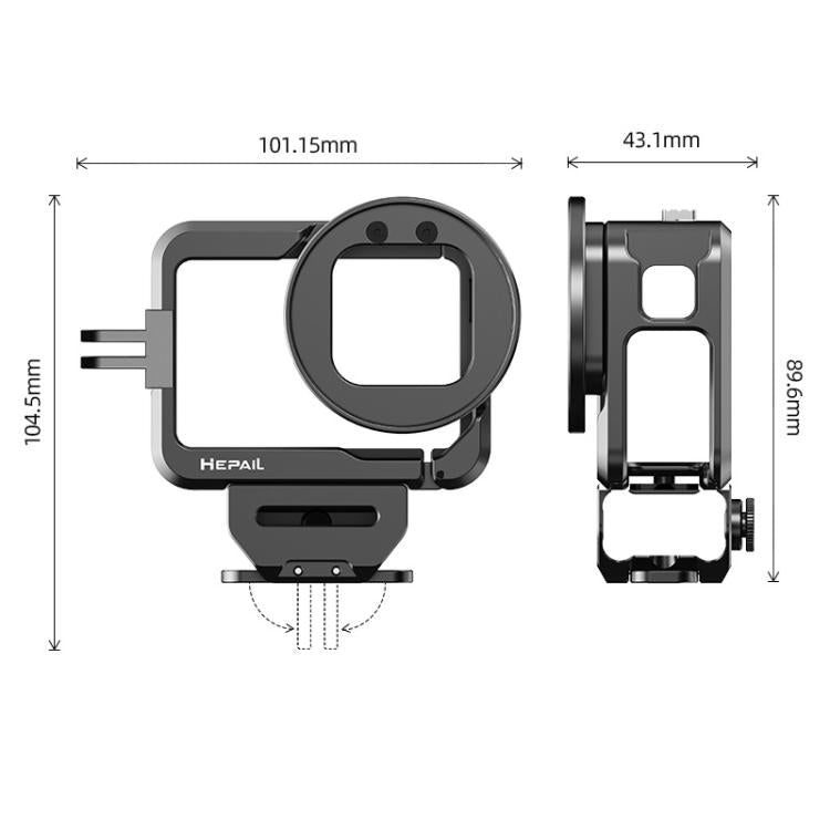 For GoPro HERO12 Black /11 Black /10 Black /9 Black HEPAIL C-G12 Metal Rabbit Cage With Dual Cold Shoe Connector