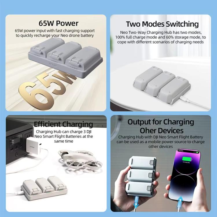 For DJI Neo Battery LKTOP Three-Way Charger 65W Fast Charging Hub