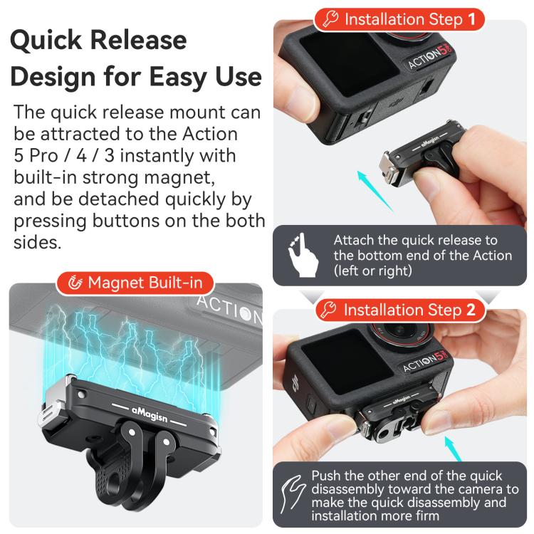 For DJI Action 5 Pro / 4 /  3 aMagisn Metal Magnetic Quick Release Mount Dual Interface Adapter