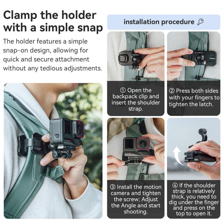 aMagisn 360-degree Rotation Ball Head Backpack Clip for Camera & Smartphone
