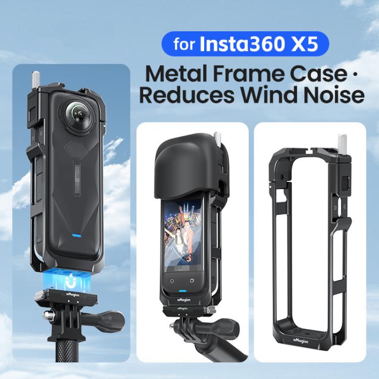aMagisn Metal Cage for Insta360 X5 Wind Noise Reduction, Shockproof Mount with Dual Cold Shoe