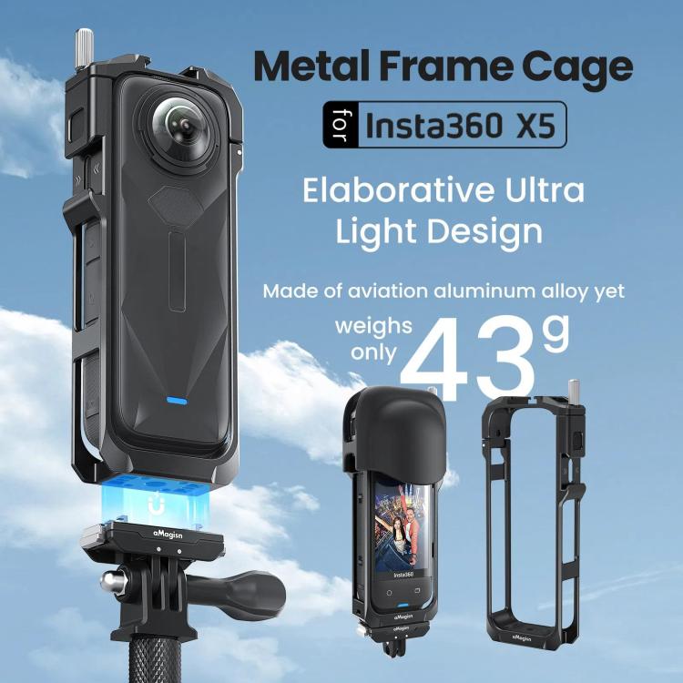 aMagisn Metal Cage for Insta360 X5 Wind Noise Reduction, Shockproof Mount with Dual Cold Shoe
