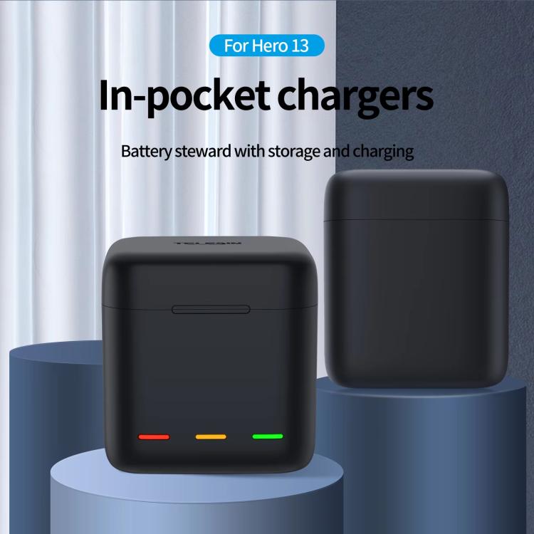 For GoPro HERO13 Black TELESIN 3 Slots Charging Case Compact Storage Box, Charging Case