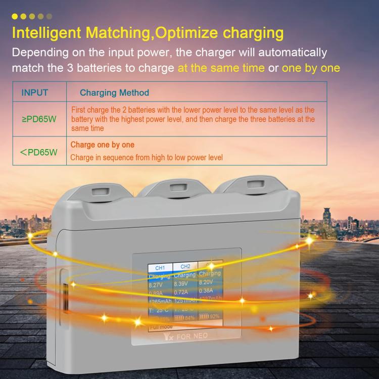 For DJI Neo Battery Charger YX 3-way Color Screen Charger Hub Charging Station, 3-way Color Screen