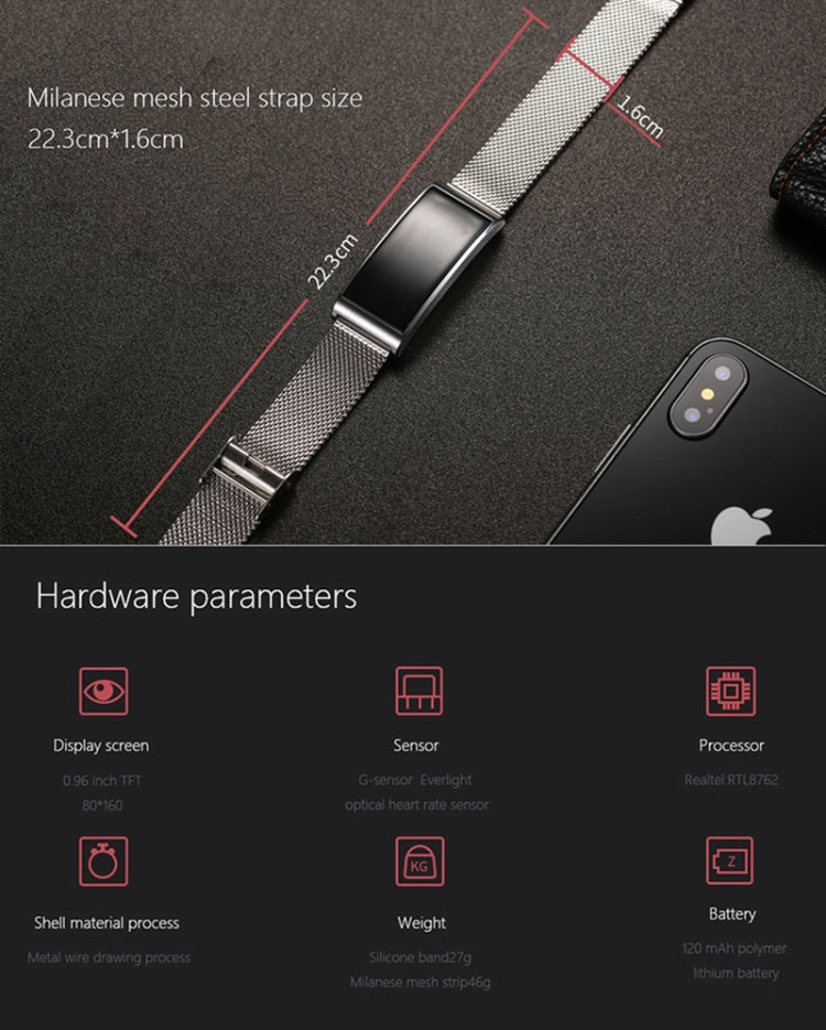 X3 0.96 inch Screen Display Steel Watch Band Bluetooth Smart Bracelet, IP68 Waterproof, Support Pedometer / Heart Rate Monitor / Sleep Monitor / Blood Pressure Monitor, Compatible with Android and iOS Phones, Steel Watch Band/Gold