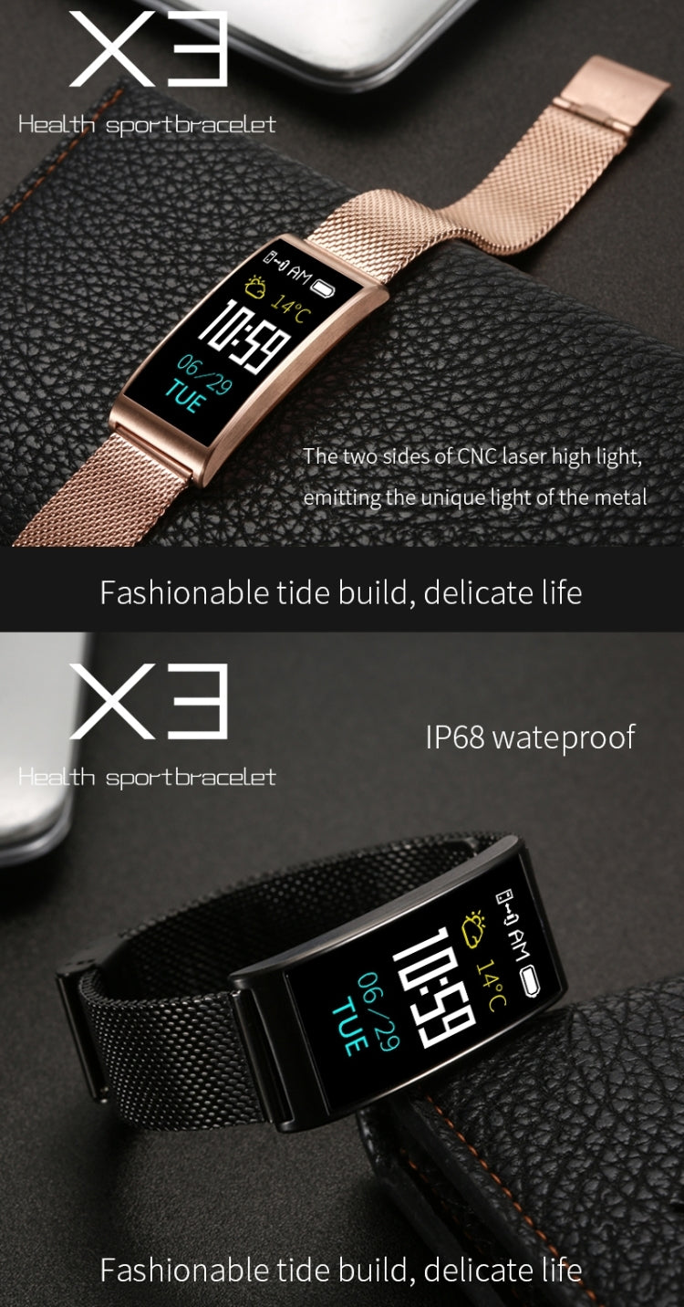 X3 0.96 inch Screen Display Steel Watch Band Bluetooth Smart Bracelet, IP68 Waterproof, Support Pedometer / Heart Rate Monitor / Sleep Monitor / Blood Pressure Monitor, Compatible with Android and iOS Phones, Steel Watch Band/Gold